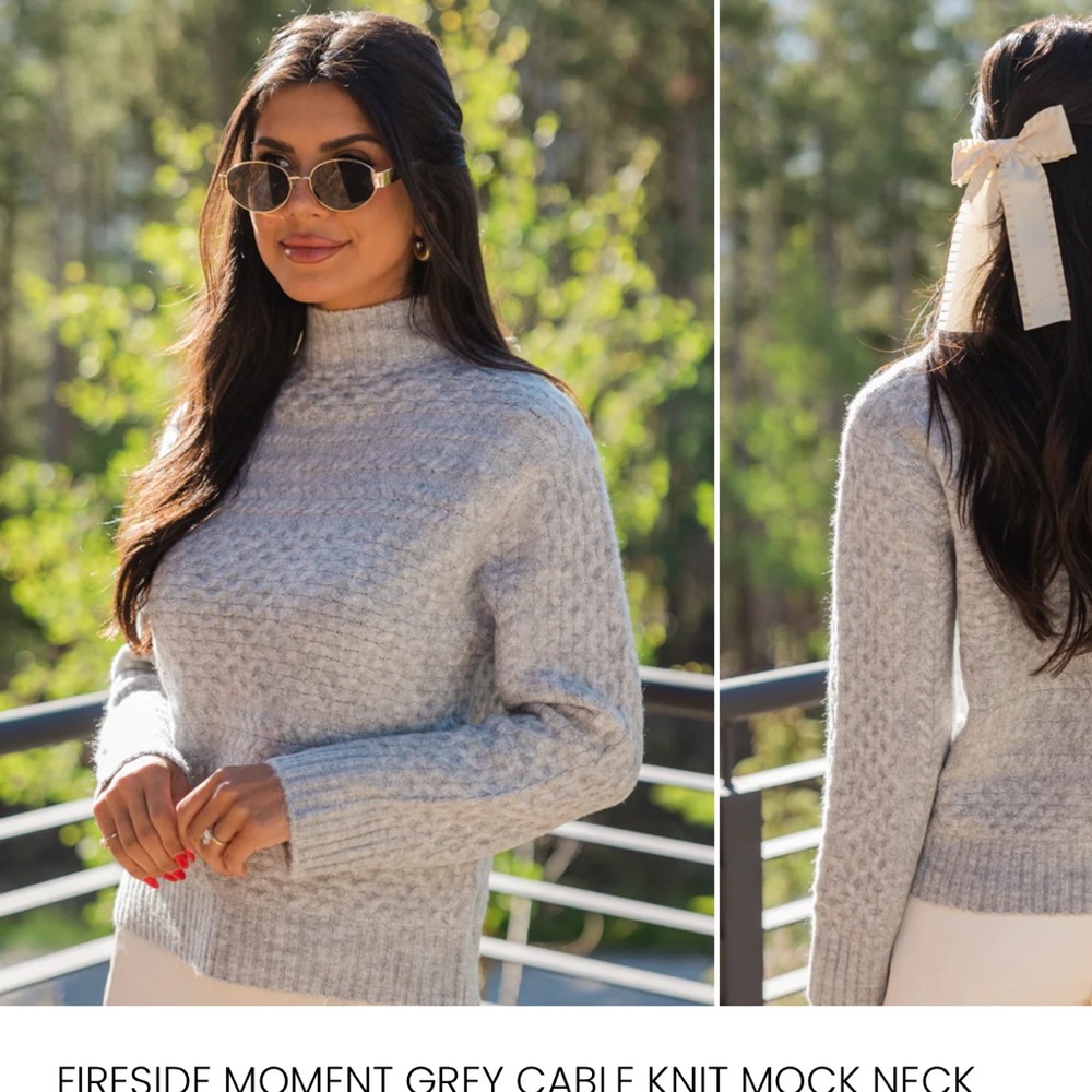 Pink Lily Boutique: FIRESIDE MOMENT GREY CABLE KNIT MOCK NECK SWEATER